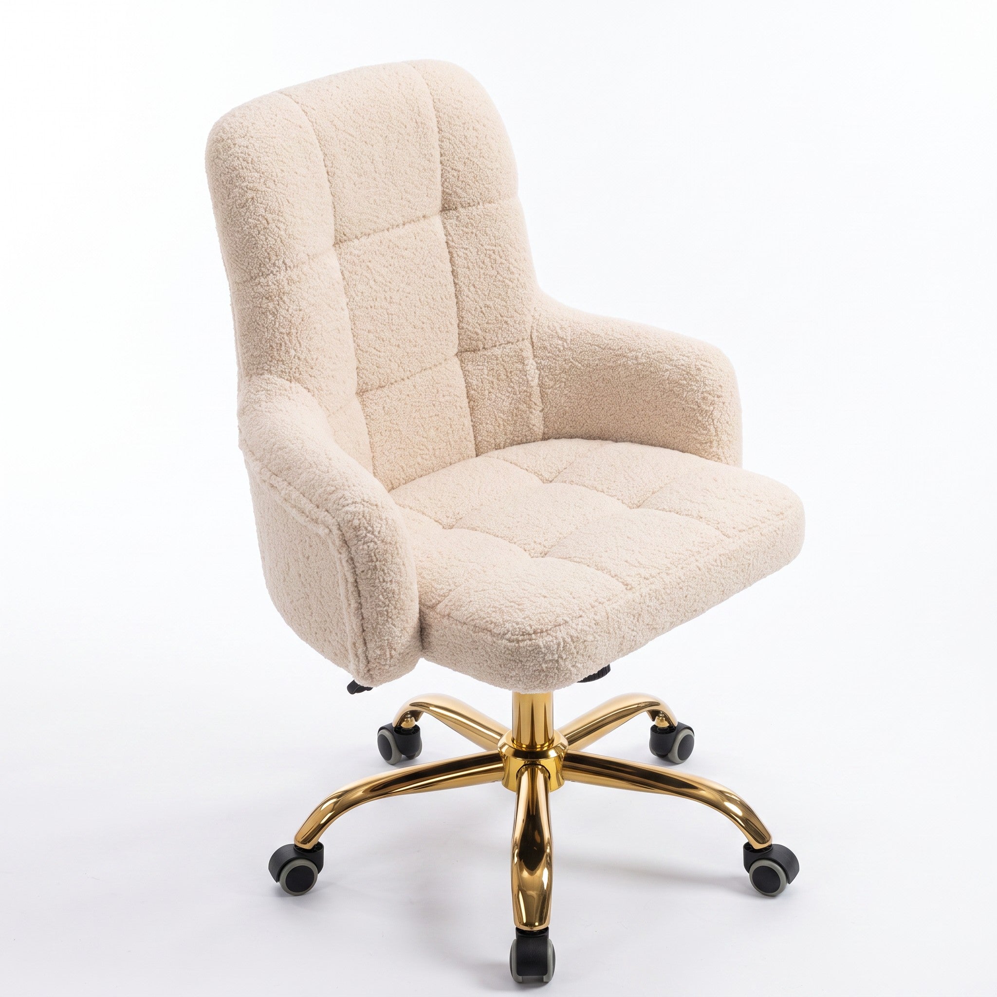 MK BEAUTY BED CEO Stool in cream fleece with a gold five-star base, ergonomic backrest, and smooth swivel castors.