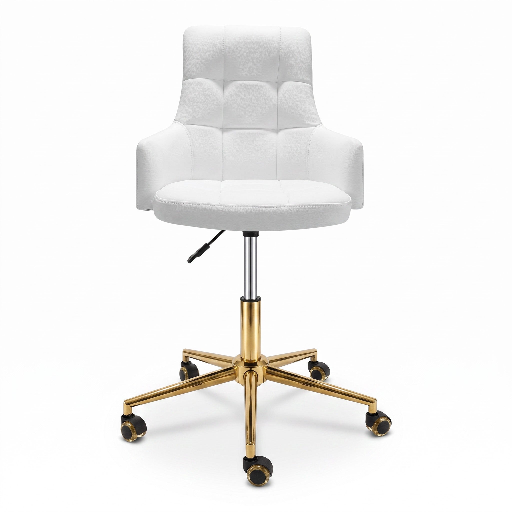MK BEAUTY BED CEO Stool in white leather with a gold five-star base, ergonomic backrest, and smooth swivel castors.