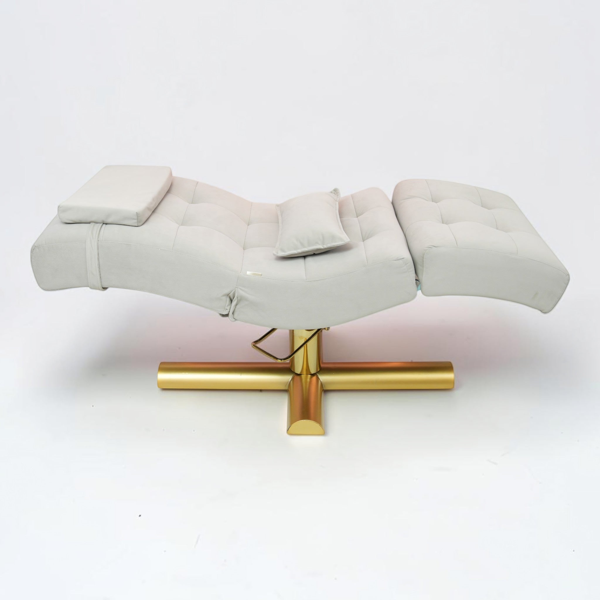 MK BEAUTY BED All in One Curved Bed in light grey with a gold X-cross base for professional salon treatments