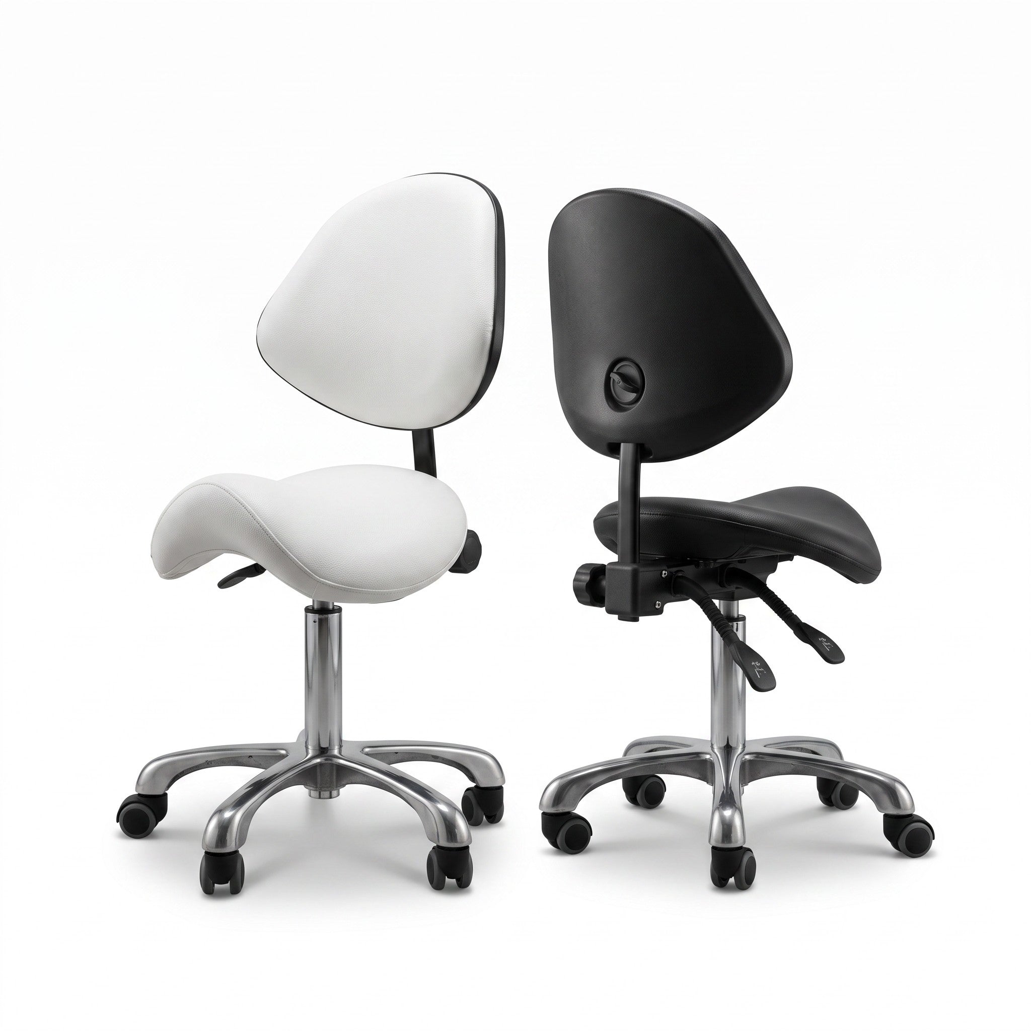 MK BEAUTY BED Ergo Stool featuring a white and black saddle seat with backrest, silver base, and rolling castors.