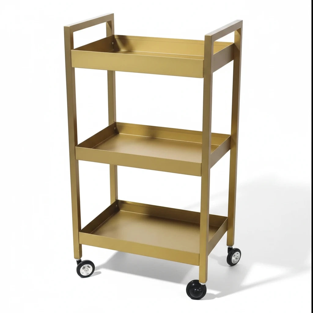 MK BEAUTY BED gold carbon steel beauty trolley with three shelves and smooth rolling castors for salon use