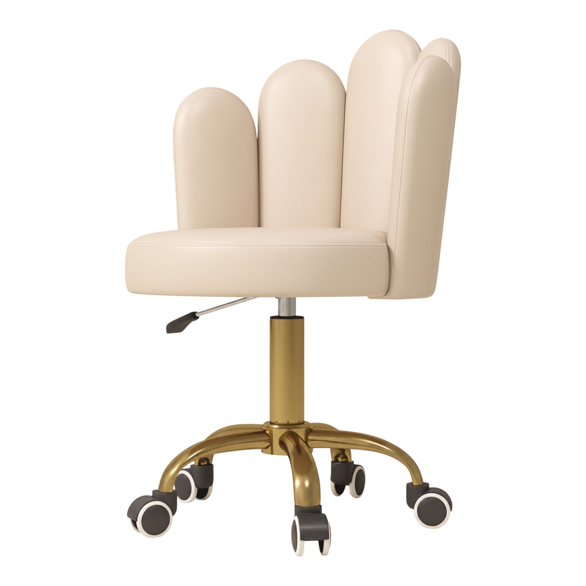 MK BEAUTY BED Lotus Stool in cream leather with a sculptural backrest, gold gas-lift base, and smooth-rolling castors.