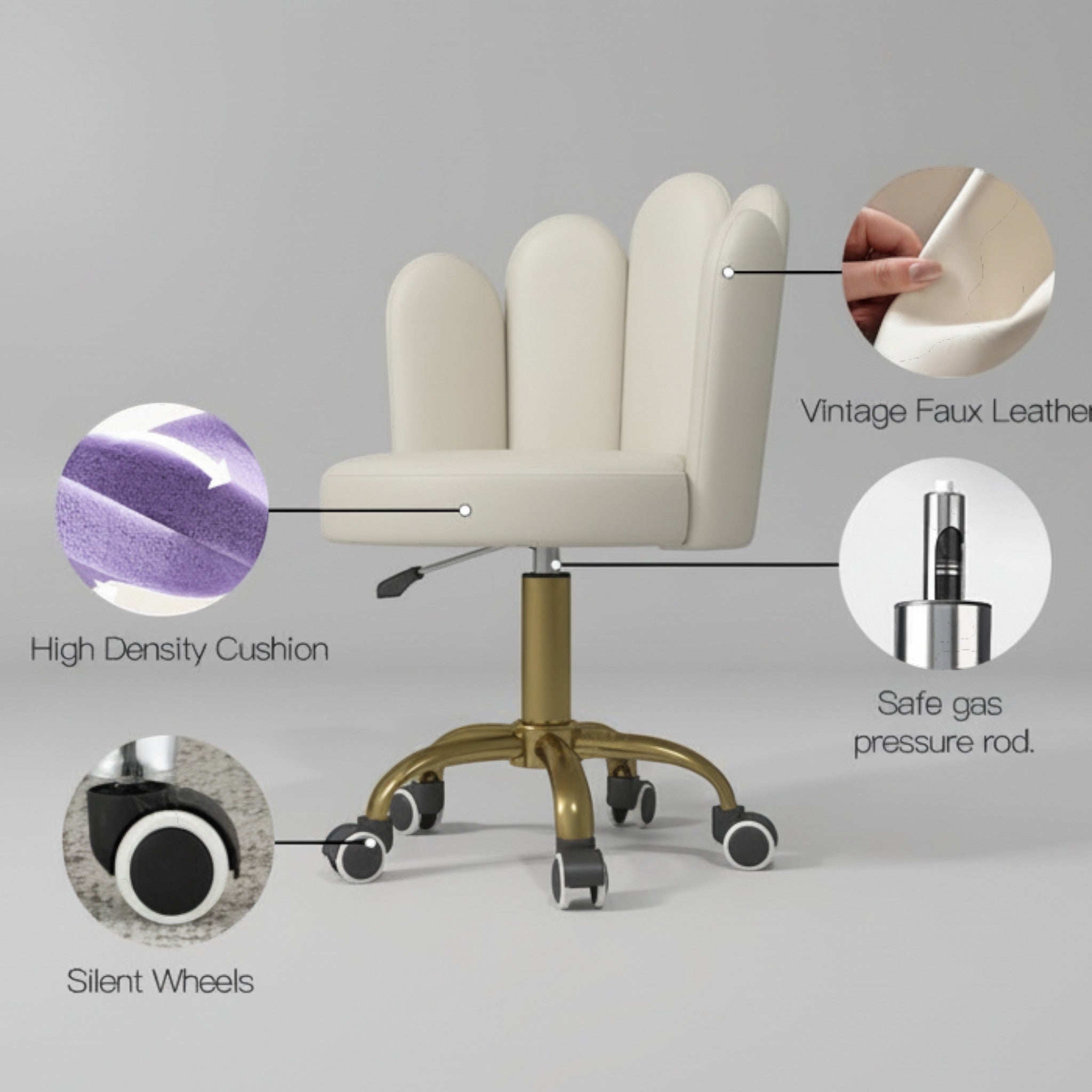 MK BEAUTY BED Lotus Stool in cream vintage faux leather with a gold base, high-density foam, and silent swivel wheels.