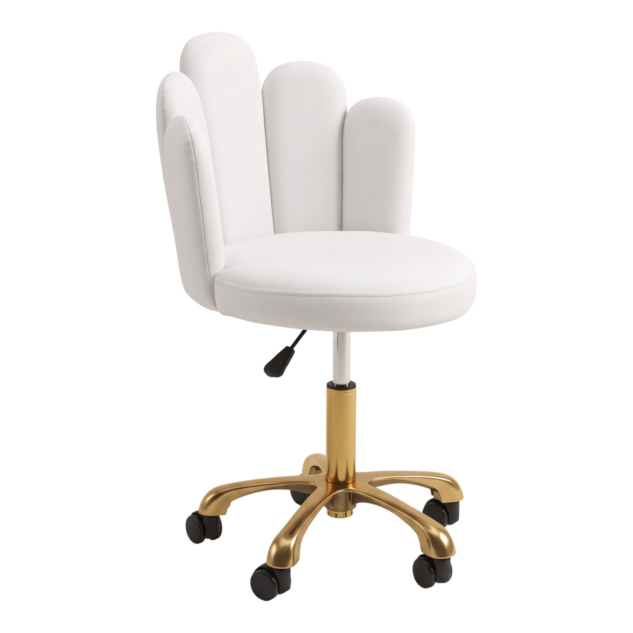 MK BEAUTY BED Lotus Stool with a white sculptural seat, gas-lift height adjustment, and a gold five-star base.