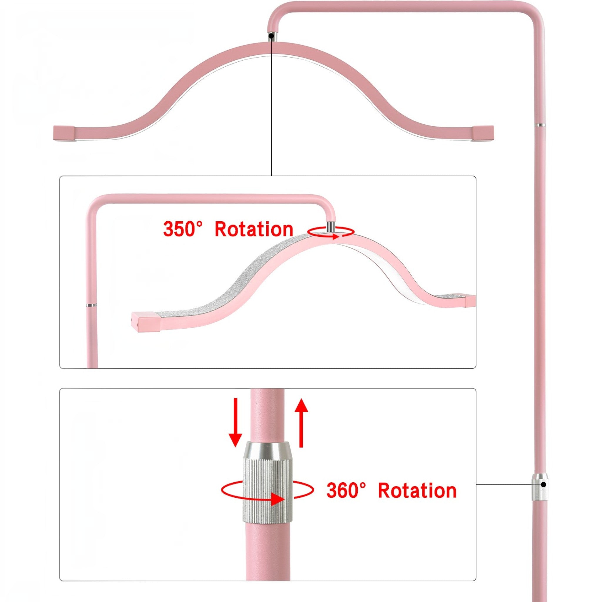 MK BEAUTY BED pink cloud LED light showing 350-degree head rotation and 360-degree adjustable stand height features.