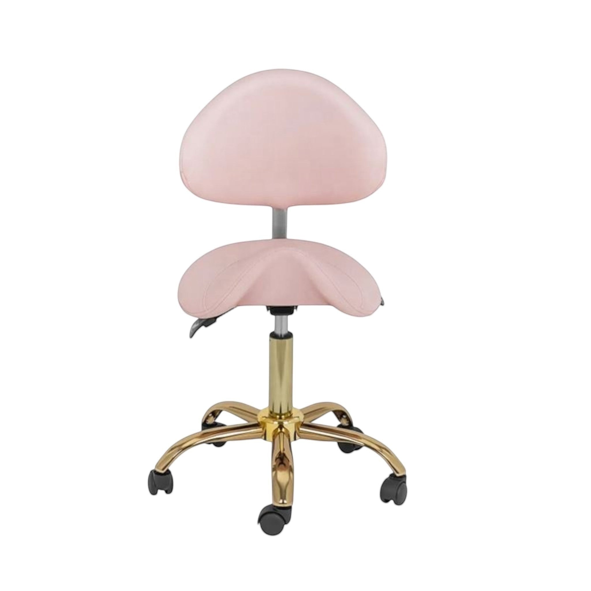 MK BEAUTY BED ergonomic saddle stool in pastel pink with a gold base, backrest, and smooth-rolling casters.