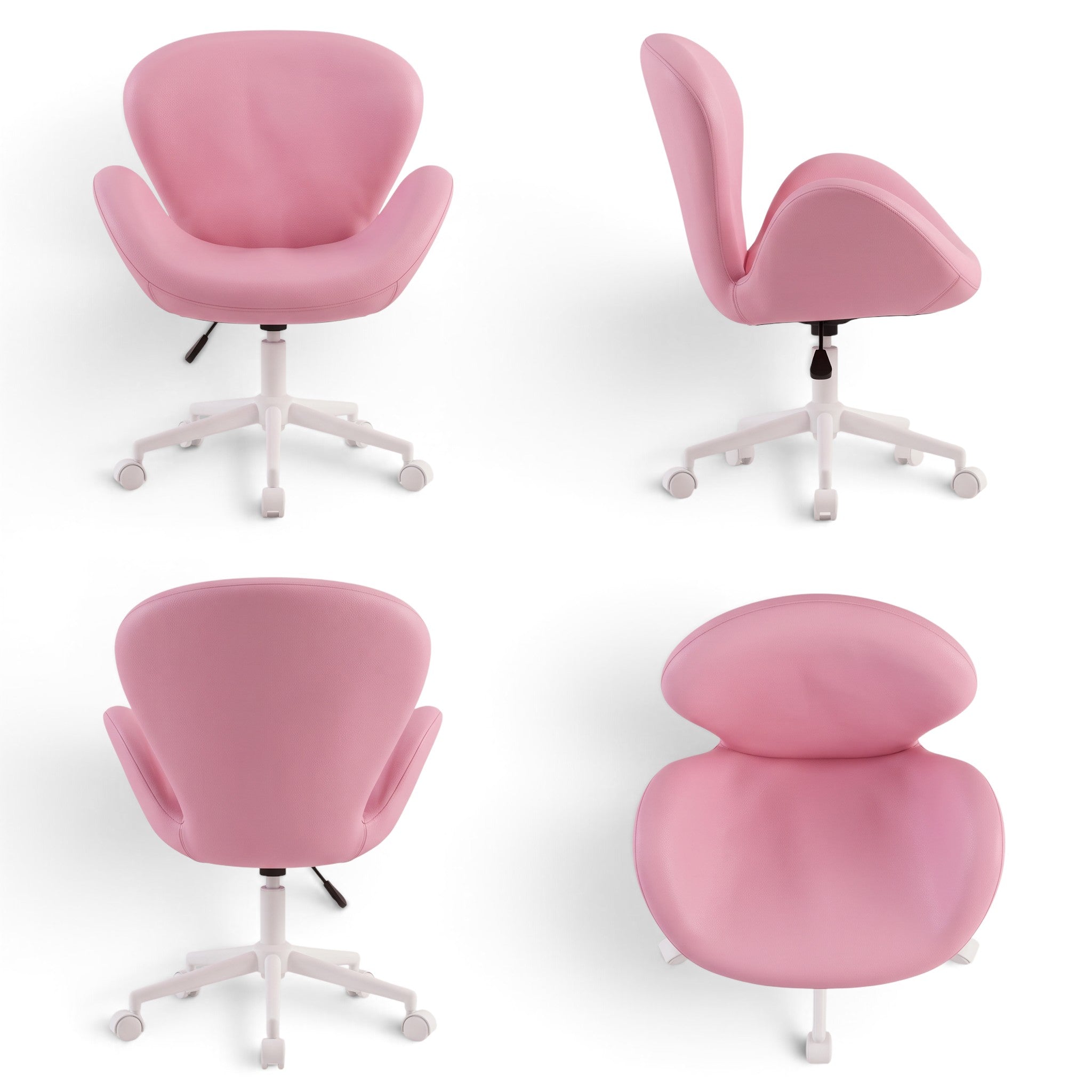 MK BEAUTY BED Swan Stool in pink leather with a curved backrest, white five-star base, and smooth swivel castors.