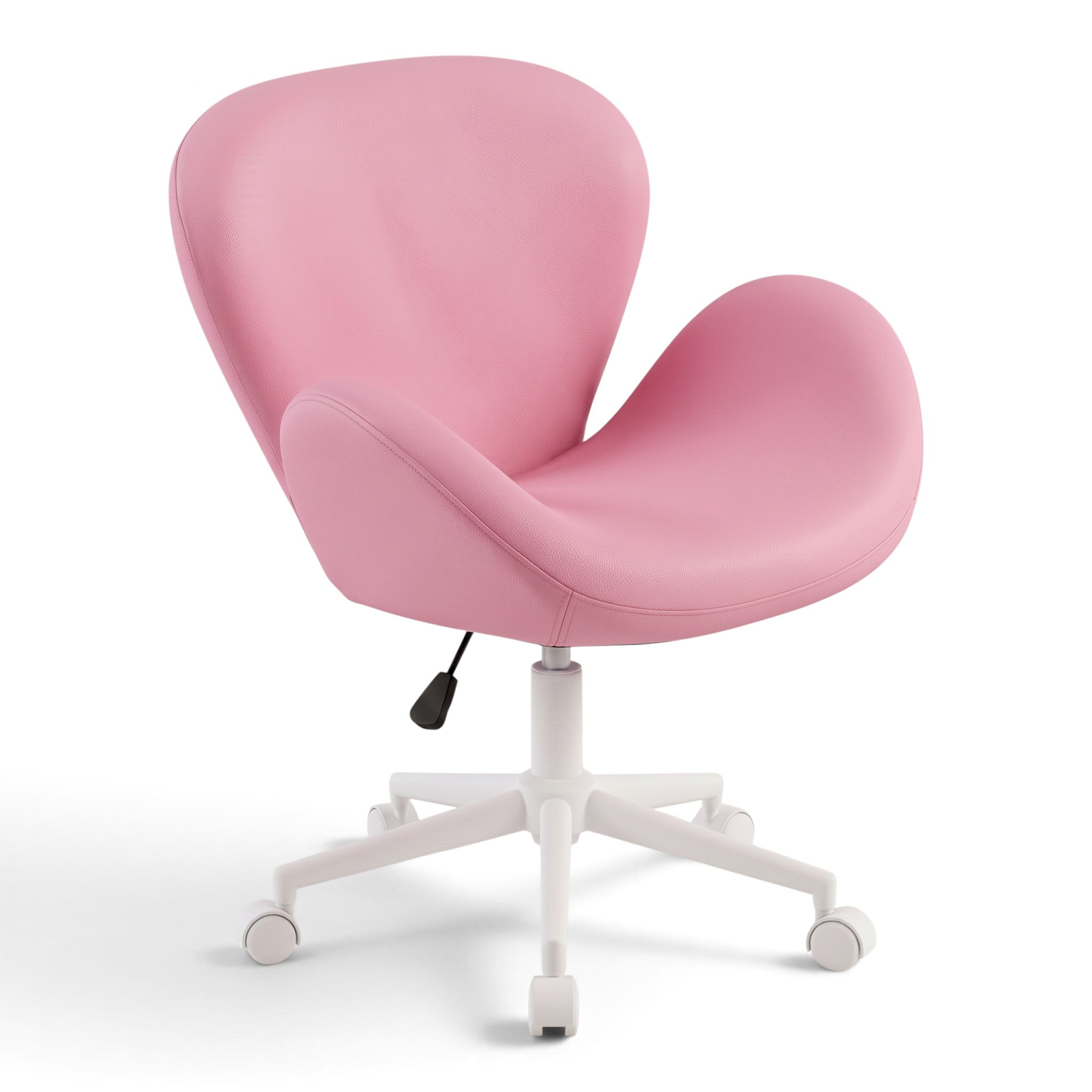 MK BEAUTY BED Swan Stool in pink leather with a curved backrest, white gas-lift base, and smooth rolling castors.