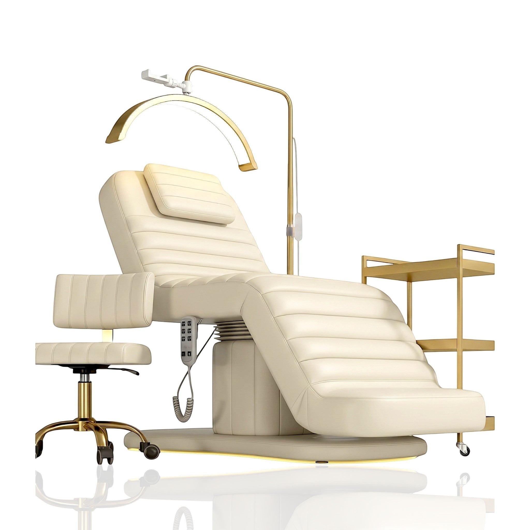 MK BEAUTY BED premium electric salon bed in cream PU leather with gold accents, matching stool, and LED lamp