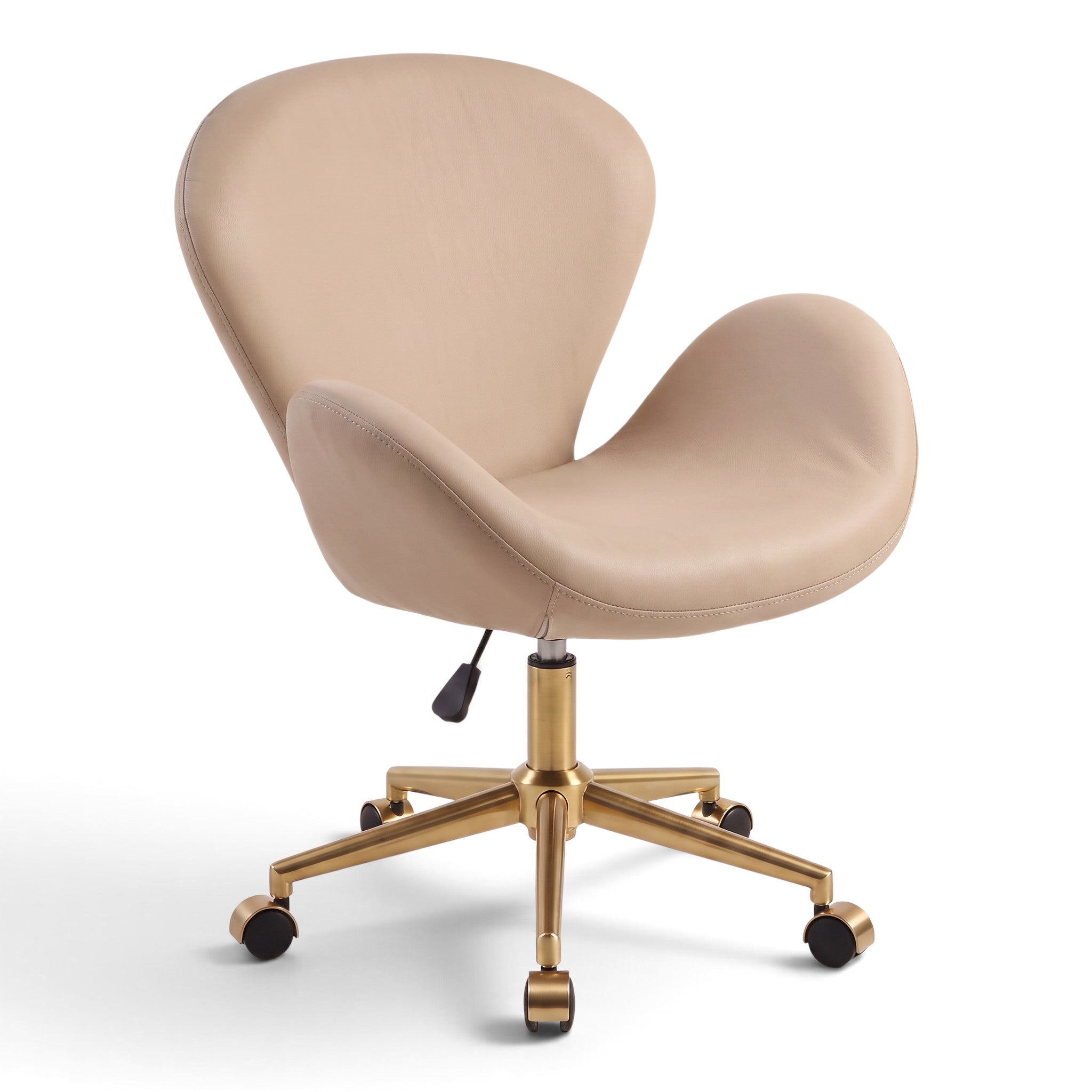 MK BEAUTY BED Swan Stool in beige leather with a curved backrest and gold-tone five-star base with swivel castors.