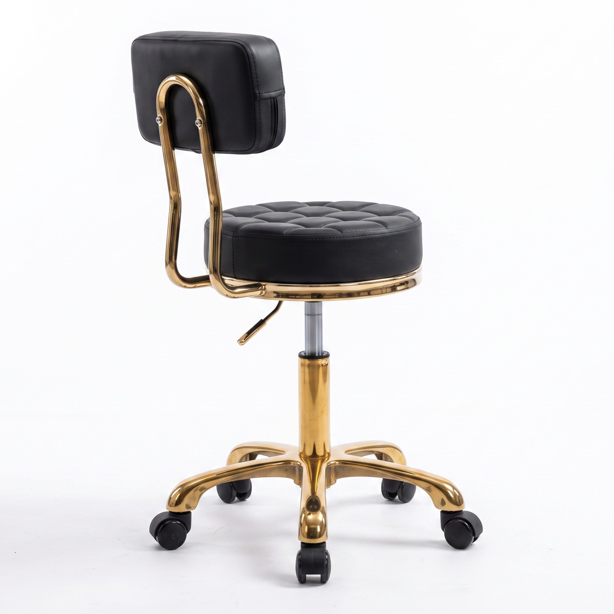 MK BEAUTY BED Waffle Stool in black leather with a gold frame, featuring a quilted seat and adjustable swivel base.