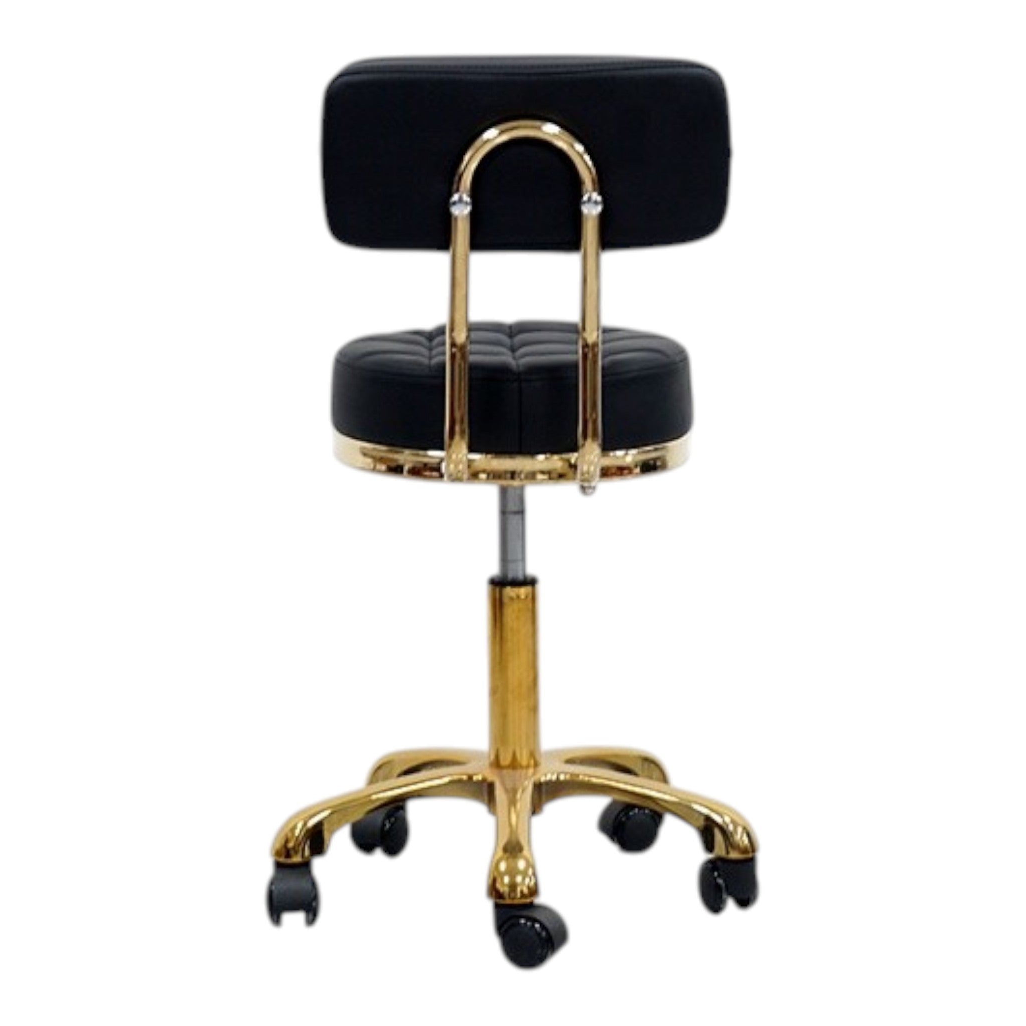 MK BEAUTY BED Waffle Stool in black leather with a gold base, featuring a quilted seat and backrest, rear view.