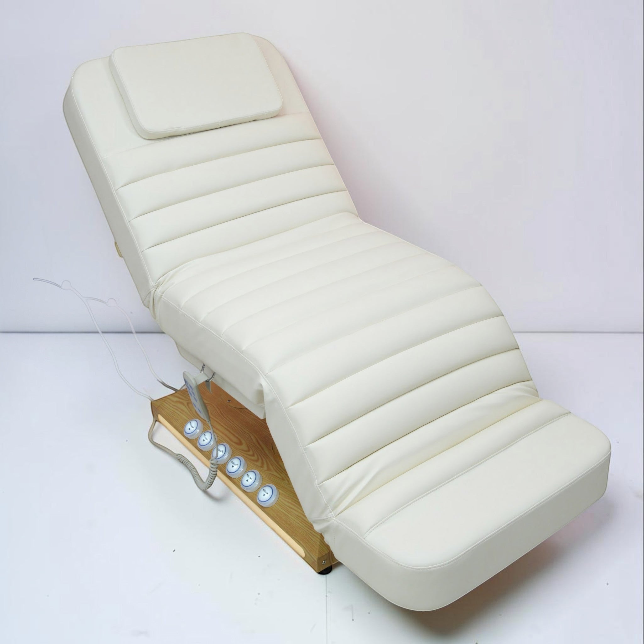 MK BEAUTY BED luxury electric treatment bed in white PU leather with adjustable backrest and wooden base