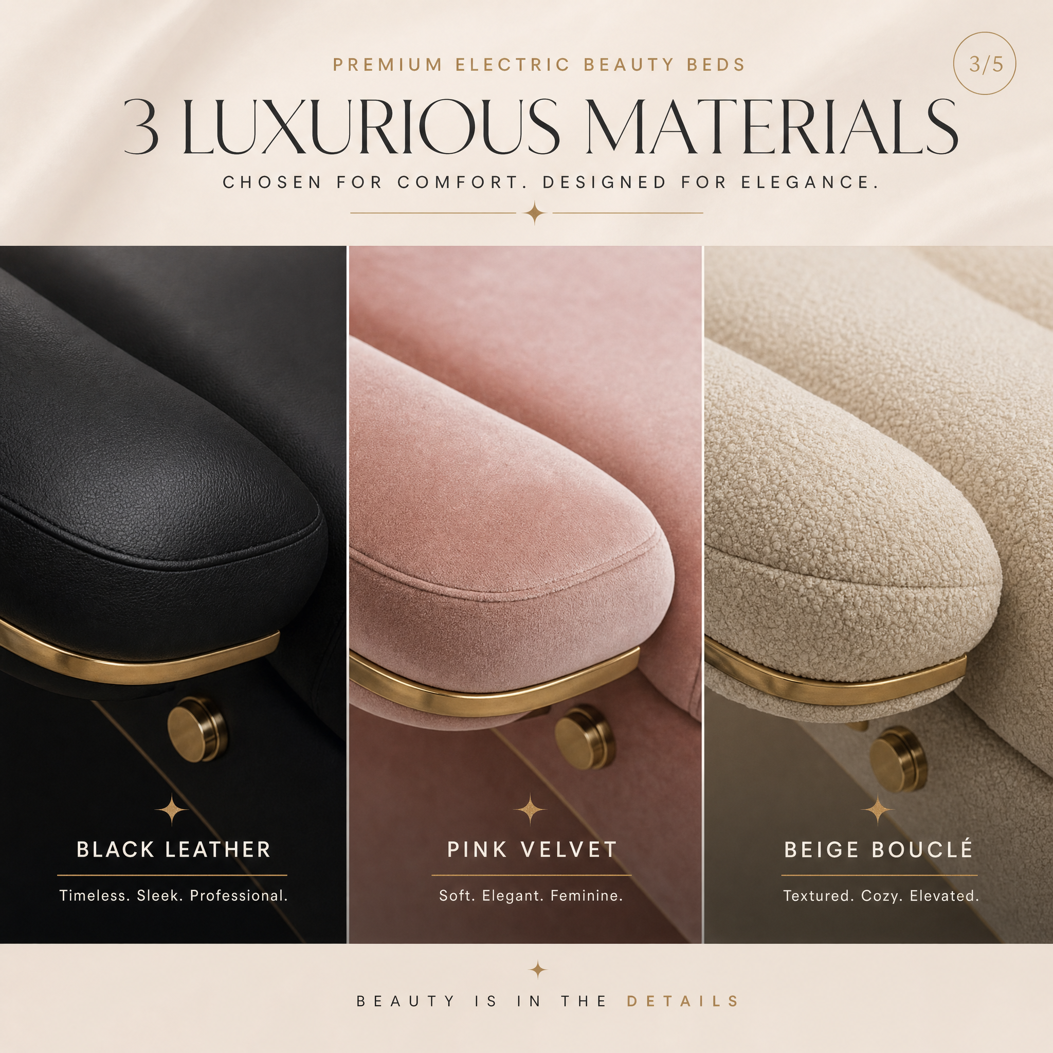 MK Beauty Bed material options for premium electric beauty beds: black leather, pink velvet and beige boucle