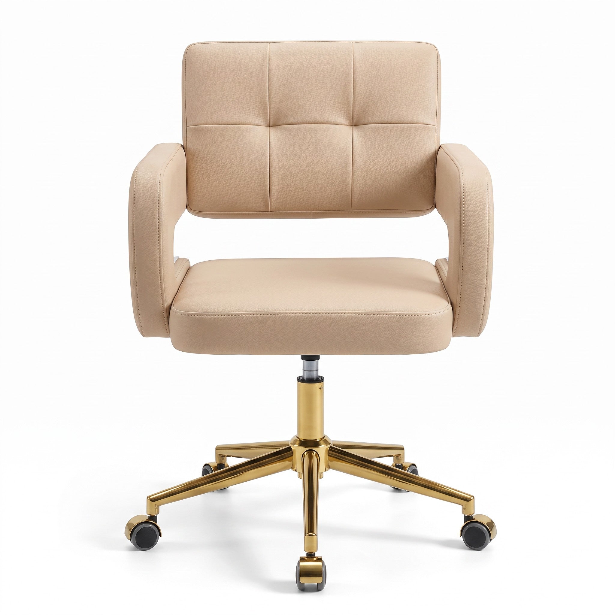 MK BEAUTY BED Square Waffle Stool in beige leather with a quilted seat, gold gas-lift base, and swivel castors.