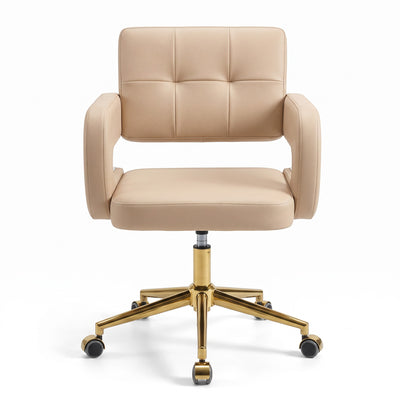 MK BEAUTY BED Square Waffle Stool in beige leather with a quilted seat, gold gas-lift base, and swivel castors.