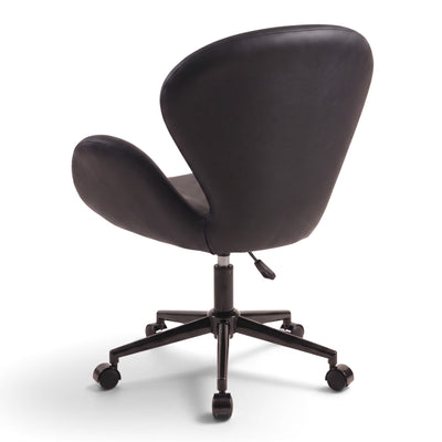 MK BEAUTY BED black leather Swan Stool with a curved backrest, gas-lift mechanism, and five-star base with castors.