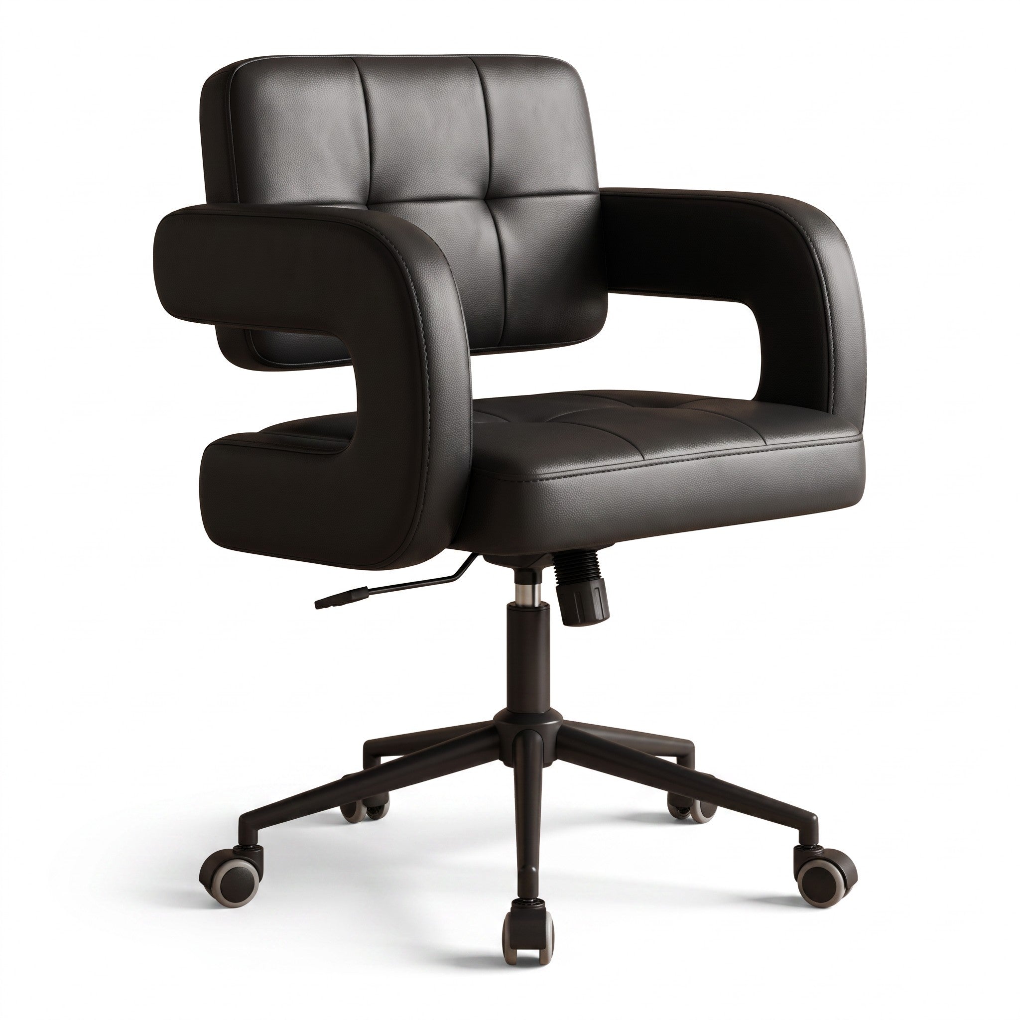MK BEAUTY BED black leather square waffle stool with quilted seat, gas-lift height adjustment, and rolling castors.