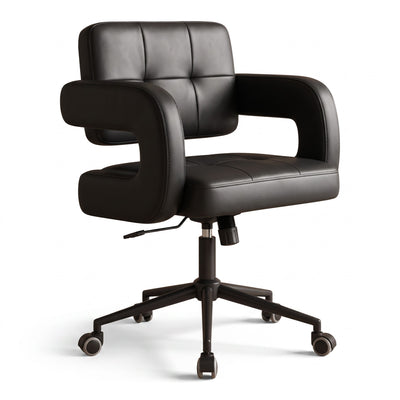 MK BEAUTY BED black leather square waffle stool with quilted seat, gas-lift height adjustment, and rolling castors.