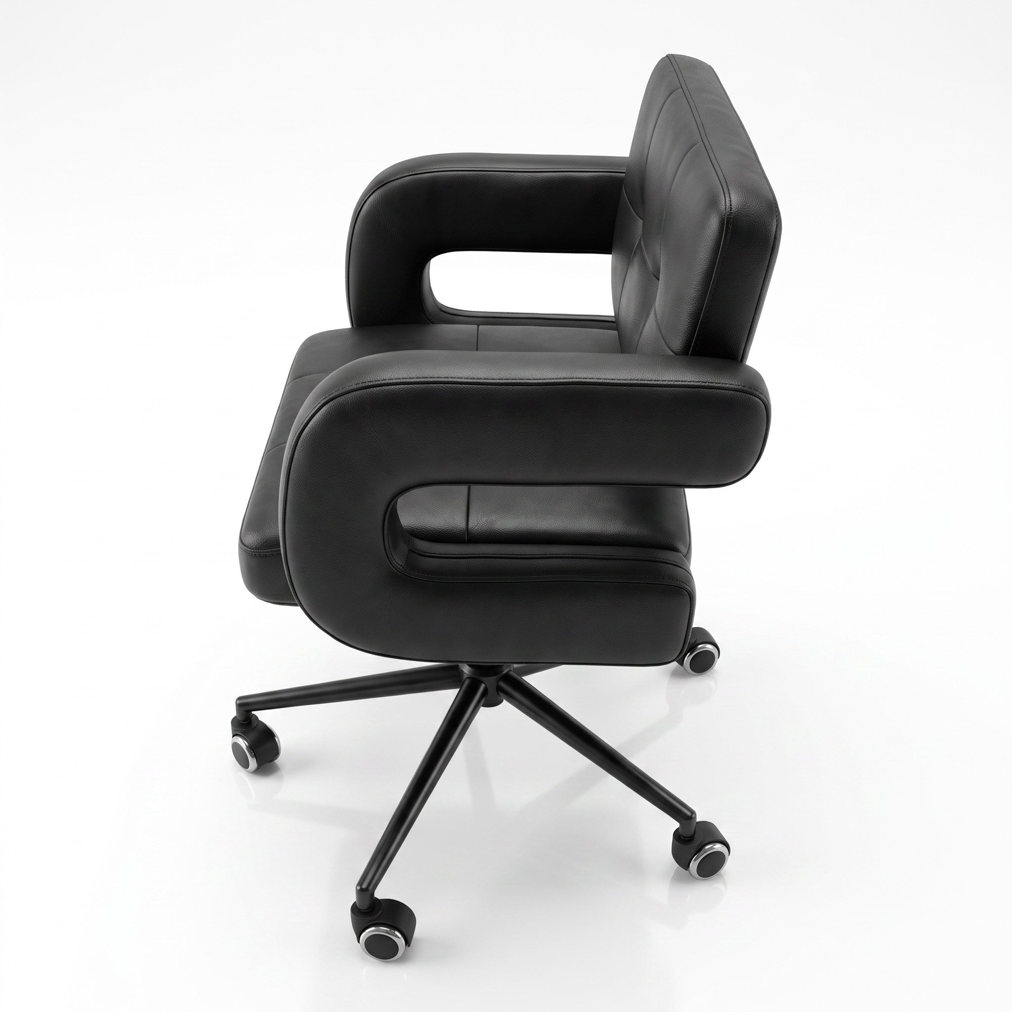MK BEAUTY BED black leather square waffle stool with quilted seat, armrests, and five-star base on castors.