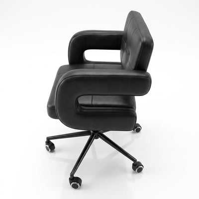 MK BEAUTY BED black leather square waffle stool with quilted seat, armrests, and five-star base on castors.