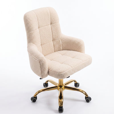 MK BEAUTY BED CEO Stool in cream fleece with a gold five-star base, ergonomic backrest, and smooth swivel castors.