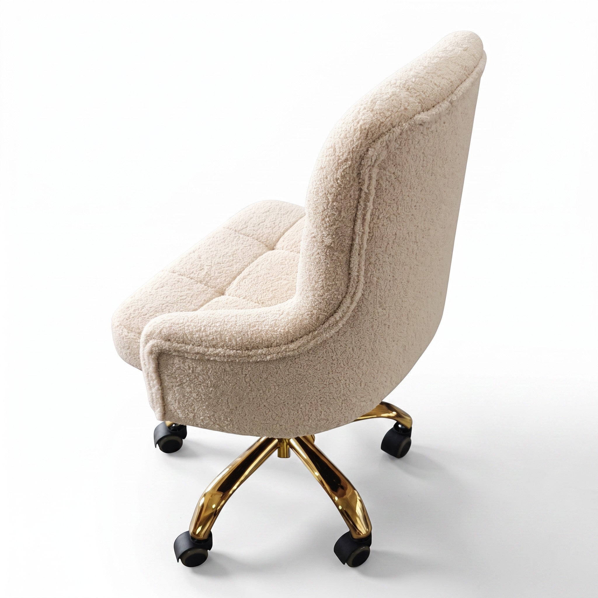 MK BEAUTY BED CEO Stool in cream lambswool with an ergonomic backrest and a gold five-star base on castors.