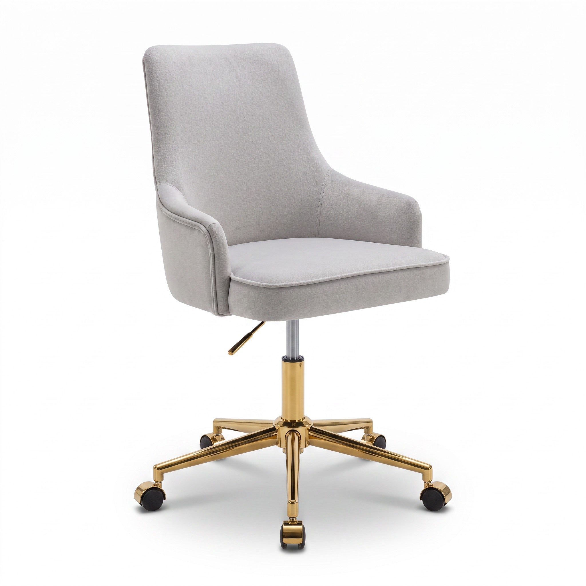 MK BEAUTY BED CEO Stool in light grey fabric with an ergonomic backrest and a gold five-star base with castors.