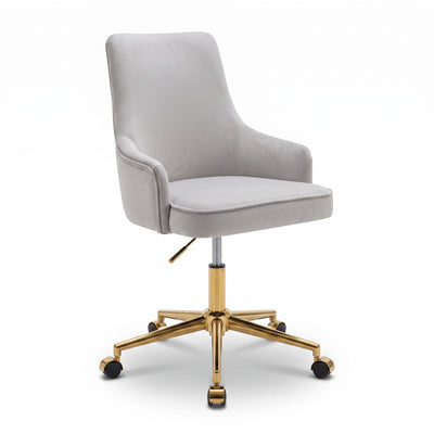 MK BEAUTY BED CEO Stool in light grey fabric with an ergonomic backrest and a gold five-star base with castors.
