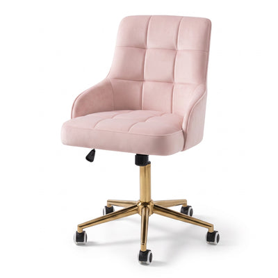 MK BEAUTY BED CEO Stool in soft pink velvet with an ergonomic backrest and a gold five-star base with smooth castors.