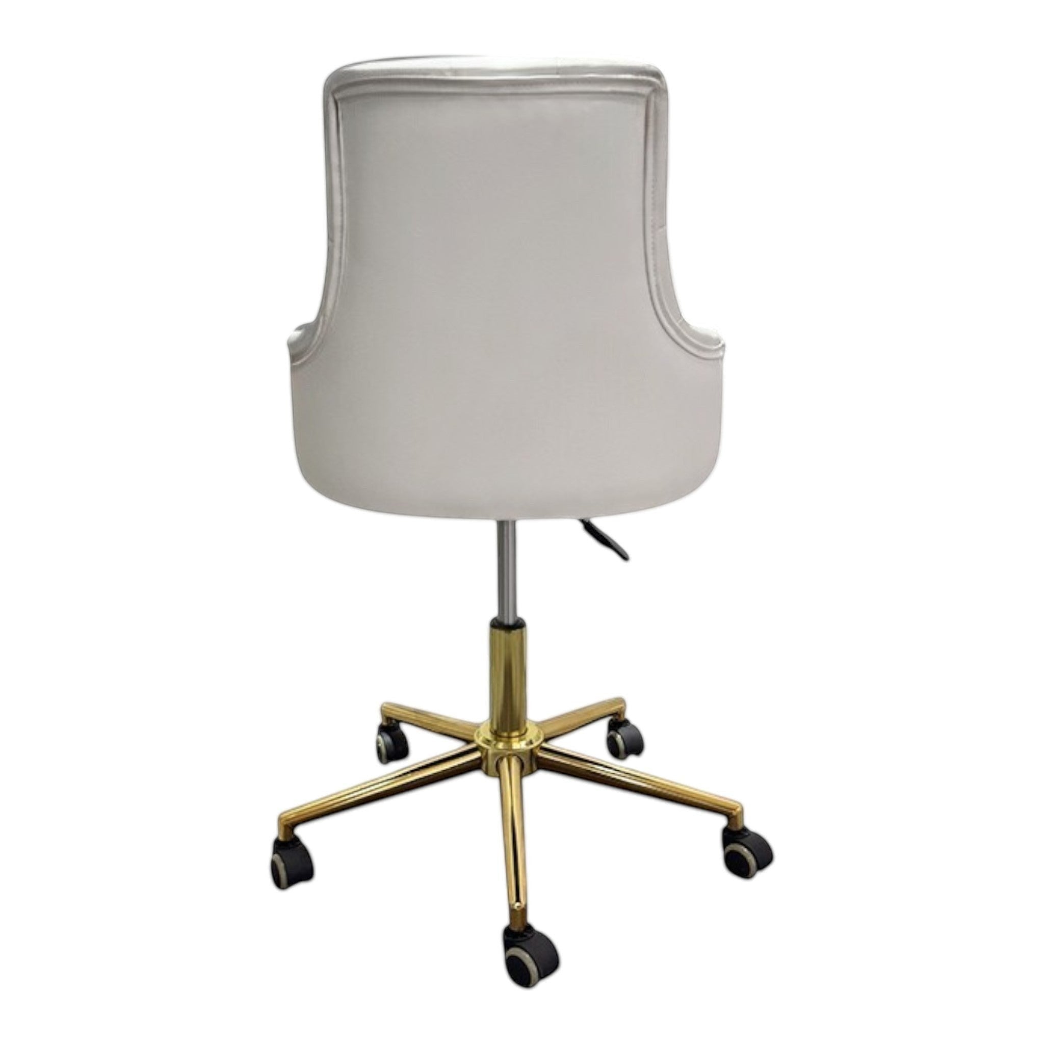 MK BEAUTY BED CEO Stool in white leather with a gold five-star base, ergonomic backrest, and smooth rolling castors.