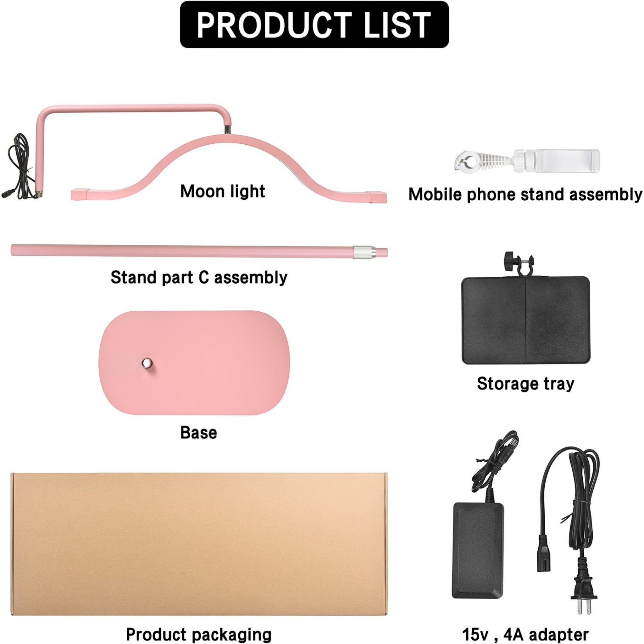 MK BEAUTY BED Premium Cloud LED Light components including pink moon light, stand, phone holder, tray, and power adapter.