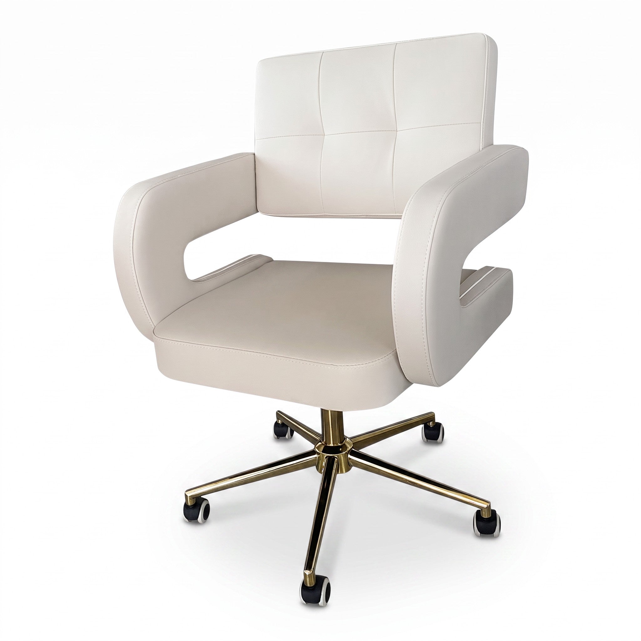 MK BEAUTY BED Square Waffle Stool in cream leather with a gold five-star base and smooth rolling castors.