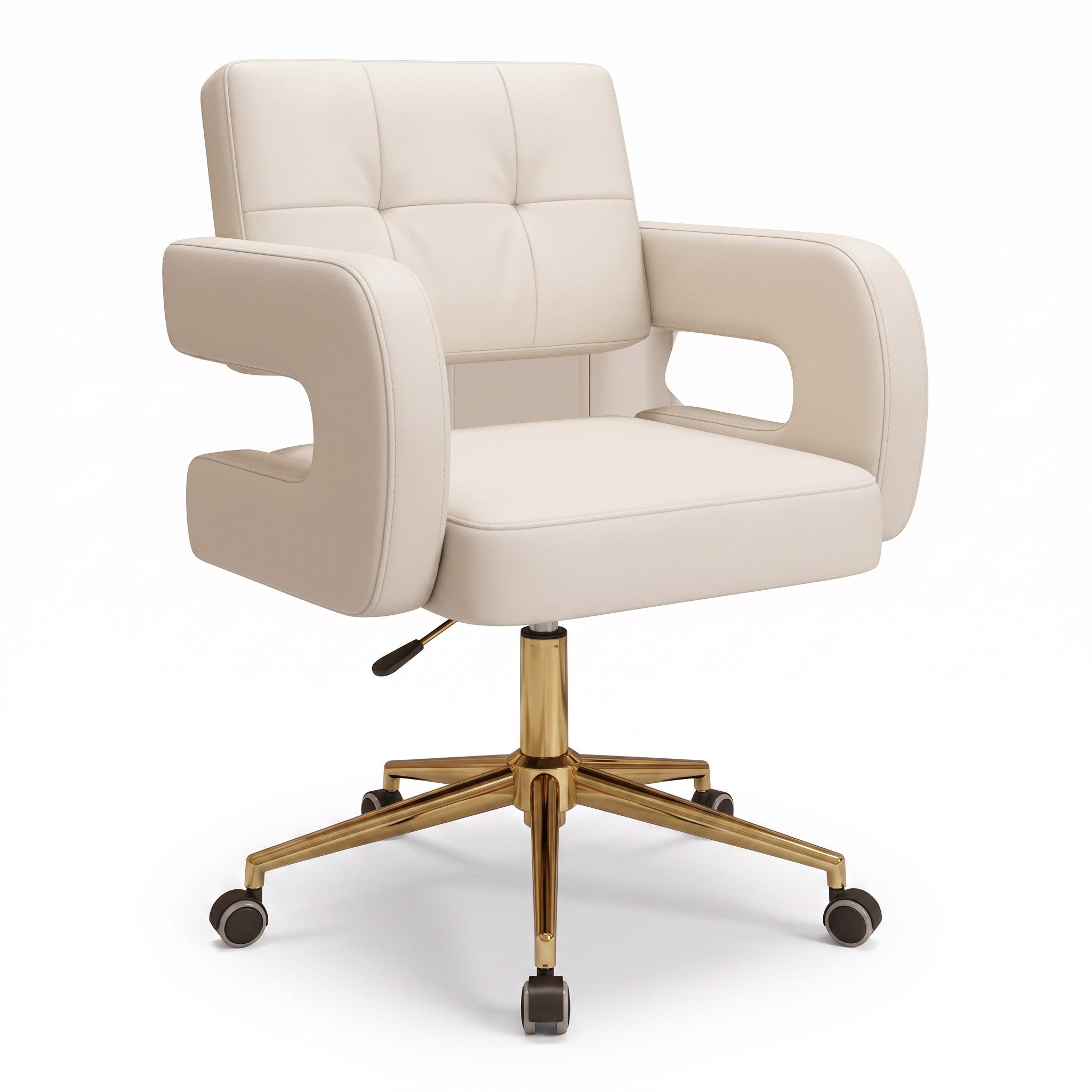 MK BEAUTY BED Square Waffle Stool in cream leather with a gold five-star base and swivel castors for salon use.
