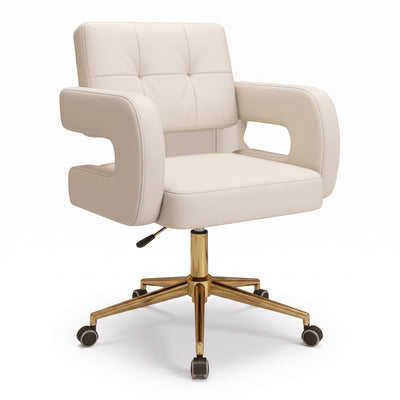 MK BEAUTY BED Square Waffle Stool in cream leather with a gold five-star base and swivel castors for salon use.