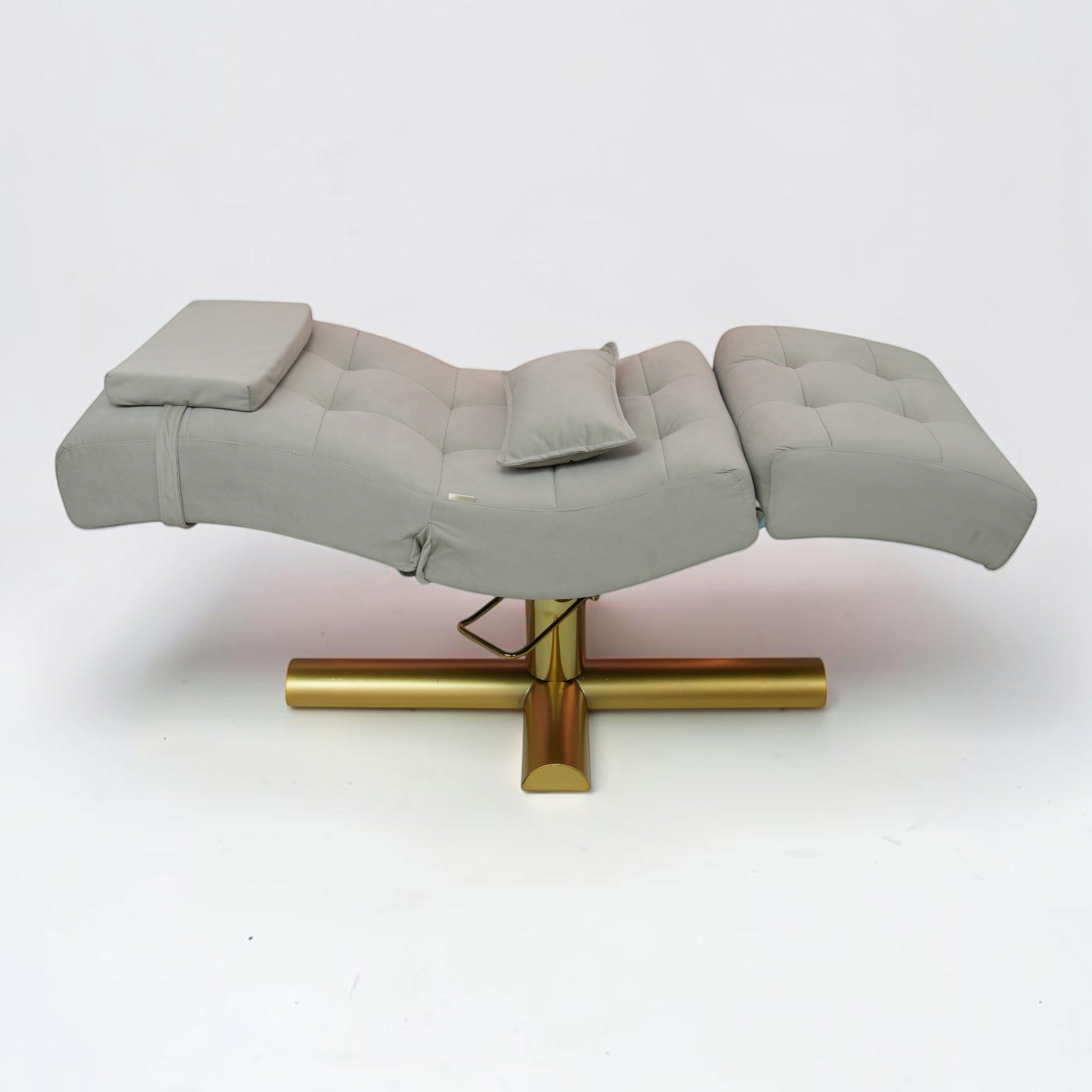 MK BEAUTY BED All in One Curved Bed in grey with a gold hydraulic base for professional salon treatments.
