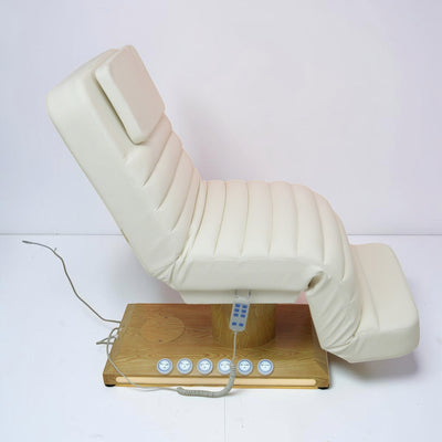 MK BEAUTY BED luxury electric treatment bed in cream PU leather with adjustable backrest and wooden base