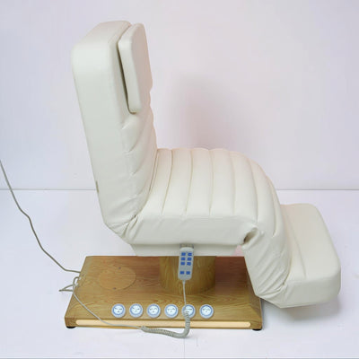 MK BEAUTY BED luxury electric treatment chair in cream PU leather with remote control and wooden base