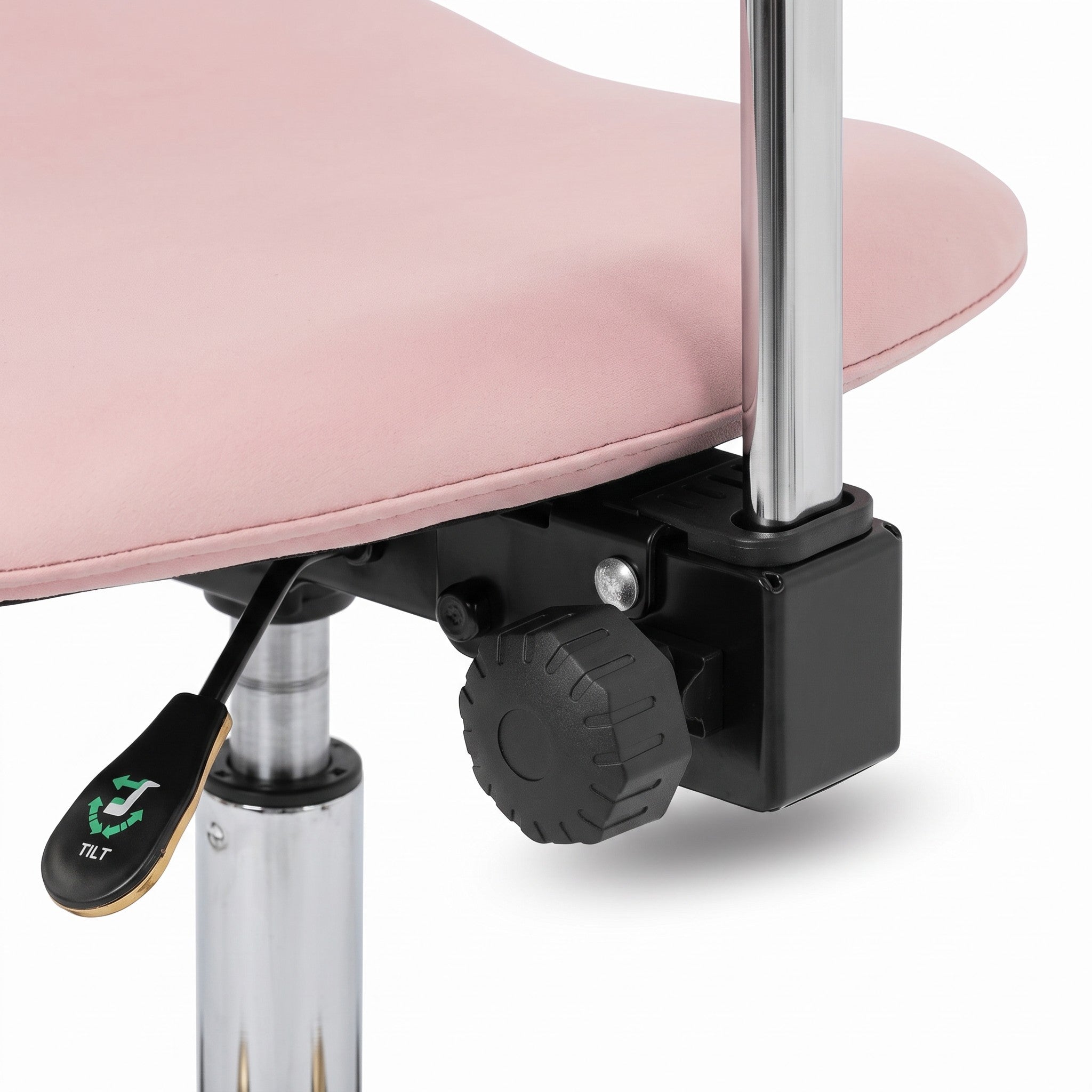 MK BEAUTY BED Ergo Stool with pink saddle seat, adjustable backrest mechanism, and chrome height adjustment lever