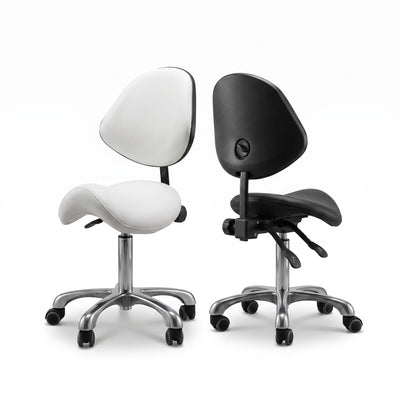 MK BEAUTY BED Ergo Stool featuring a white and black saddle seat with backrest, silver base, and rolling castors.