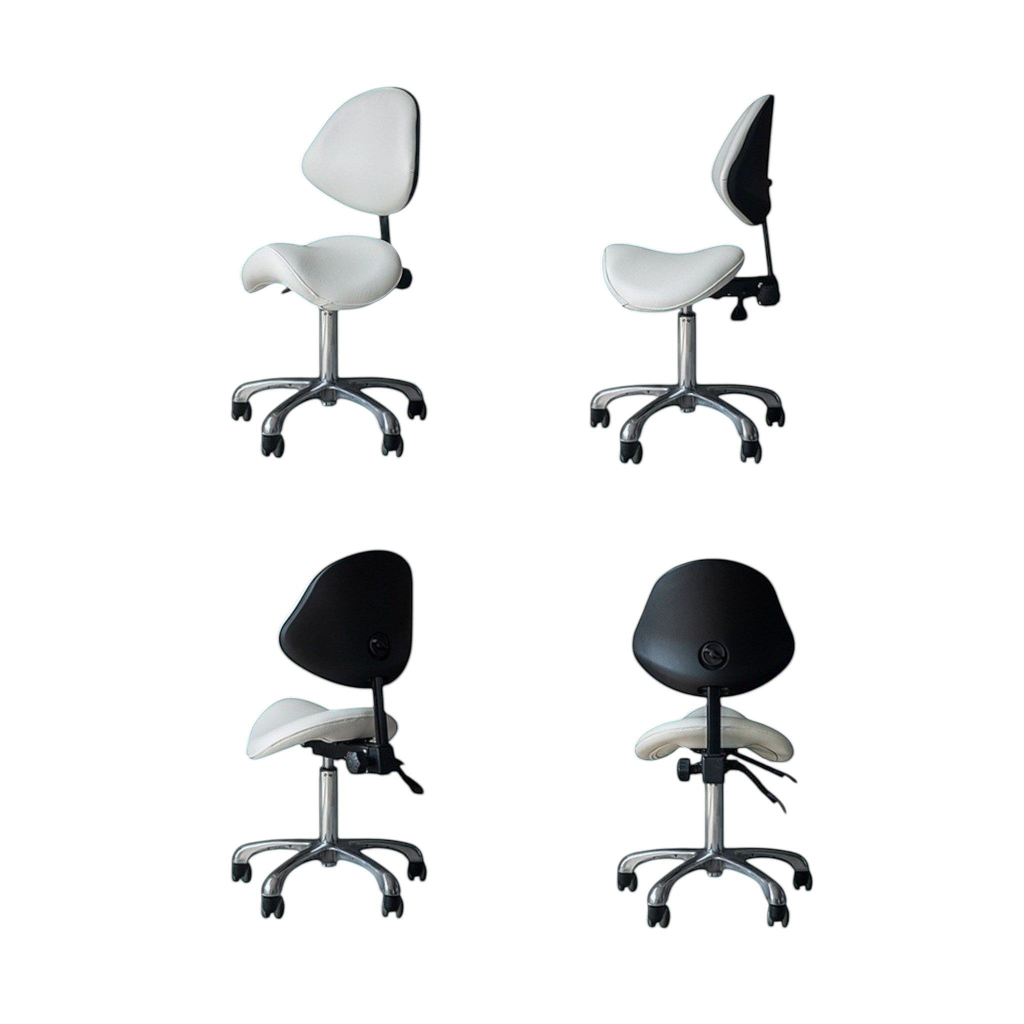 MK BEAUTY BED ergonomic saddle stool with white seat, black backrest, and silver base in multiple viewing angles.