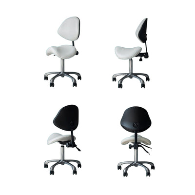 MK BEAUTY BED ergonomic saddle stool with white seat, black backrest, and silver base in multiple viewing angles.