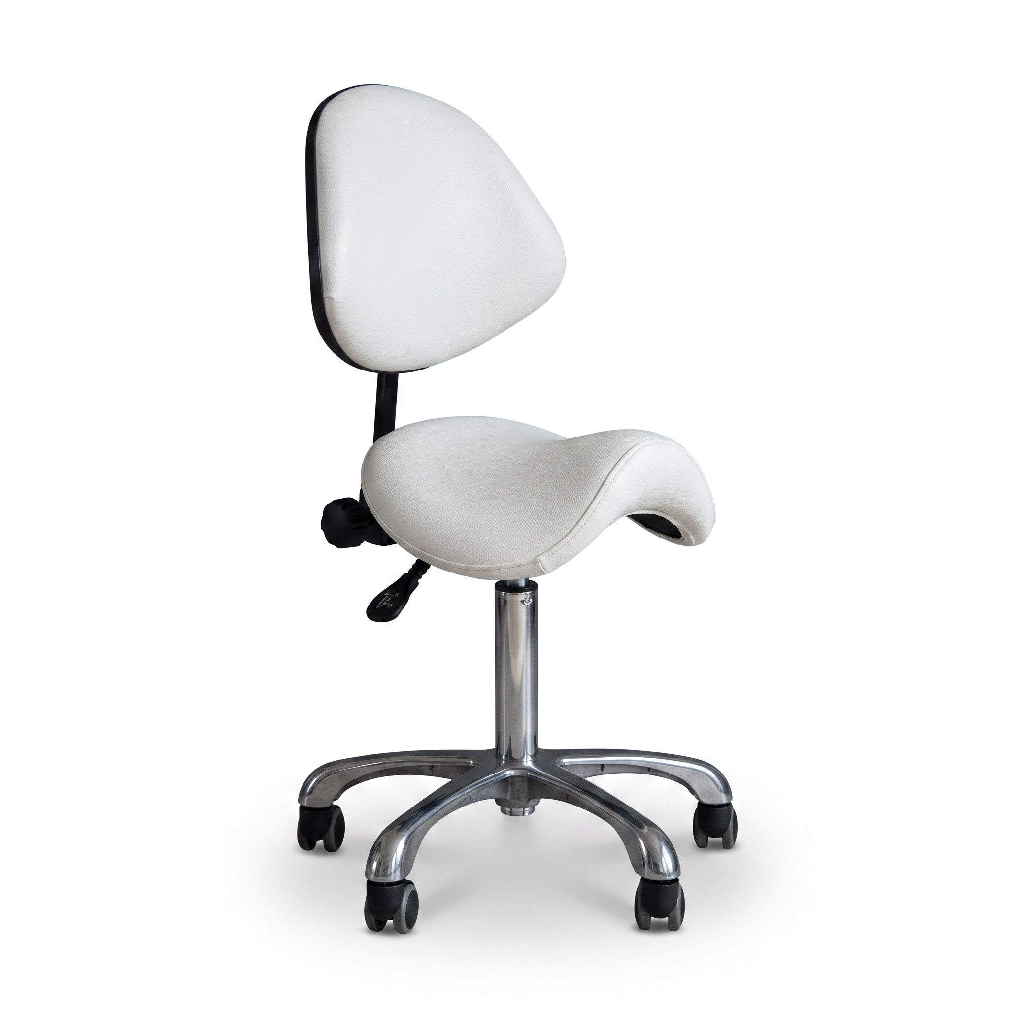 MK BEAUTY BED ergonomic white saddle stool with backrest, adjustable height, and smooth-rolling castors for salons.