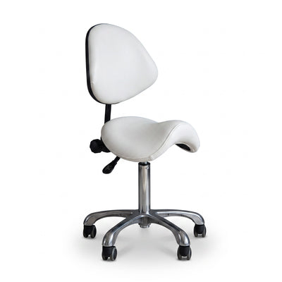 MK BEAUTY BED ergonomic white saddle stool with backrest, adjustable height, and smooth-rolling castors for salons.