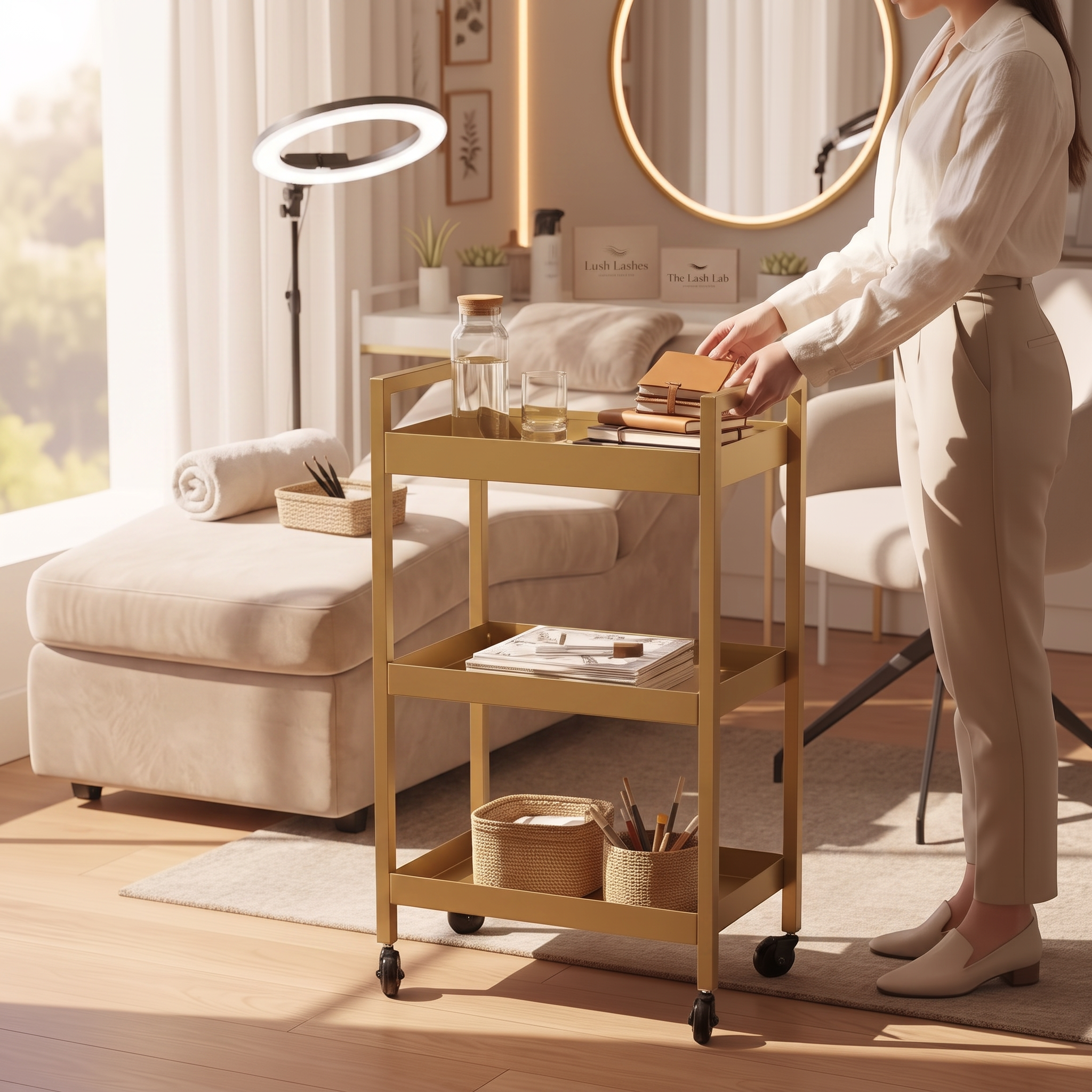MK BEAUTY BED gold carbon steel beauty trolley with three shelves in a professional salon treatment room