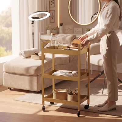 MK BEAUTY BED gold carbon steel beauty trolley with three shelves in a professional salon treatment room