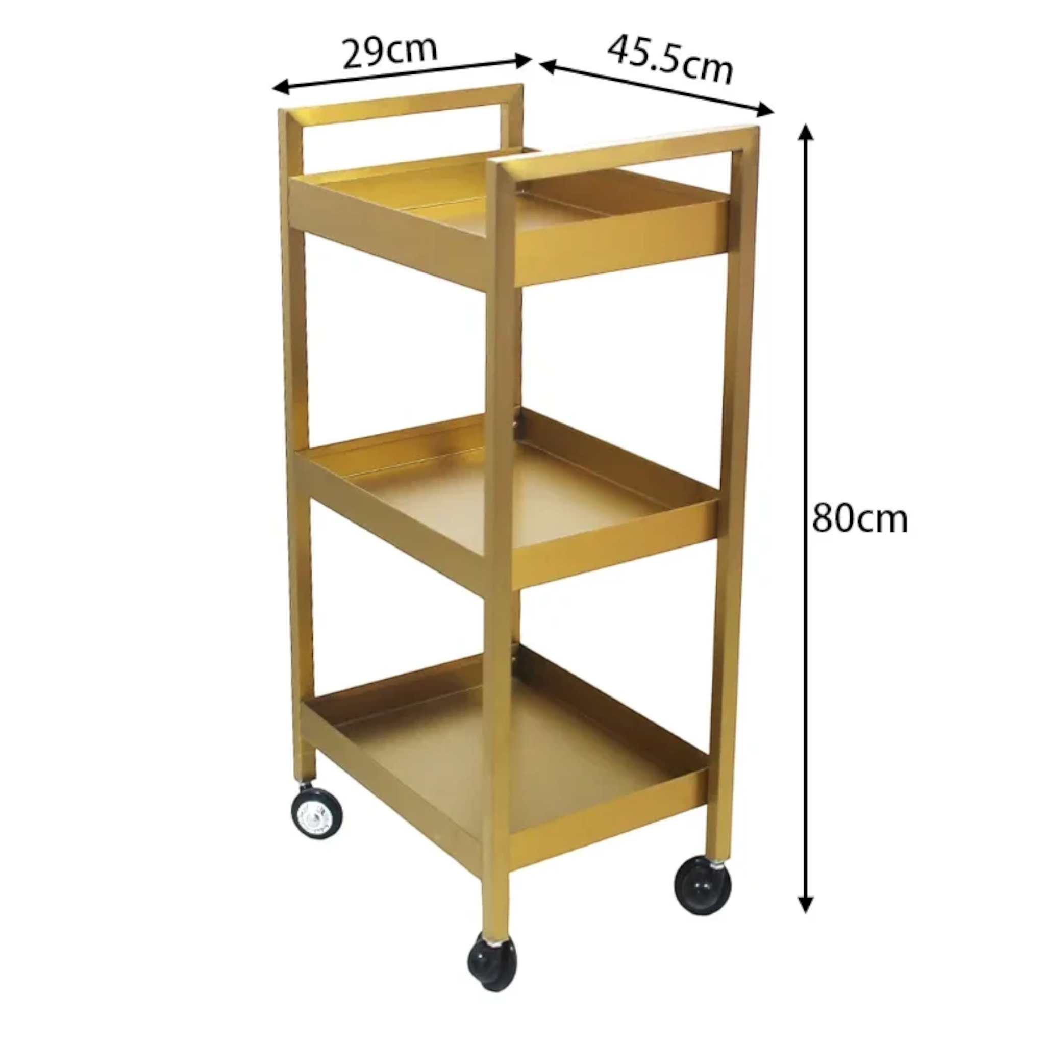 MK BEAUTY BED gold carbon steel beauty trolley with three shelves and smooth-rolling castors for salon storage.
