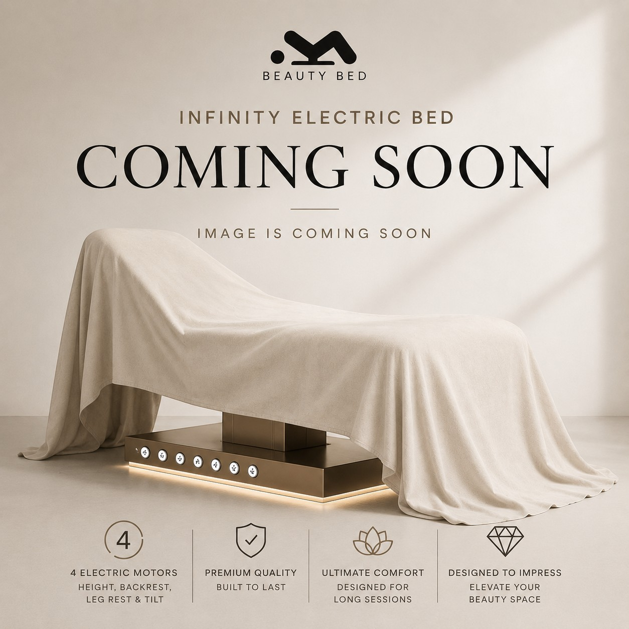 MK BEAUTY BED Infinity Electric Bed draped in fabric, featuring a sleek base with control buttons for salon treatments.