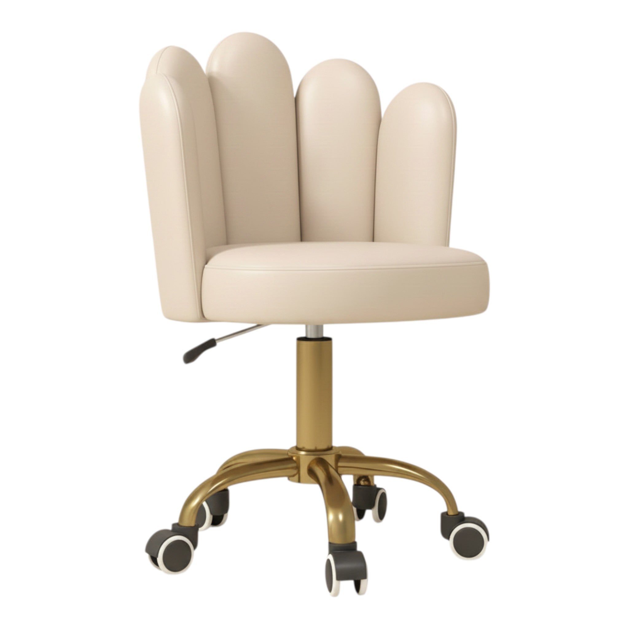 MK BEAUTY BED Lotus Stool with a cream sculptural seat, gold gas-lift base, and smooth-rolling castors.