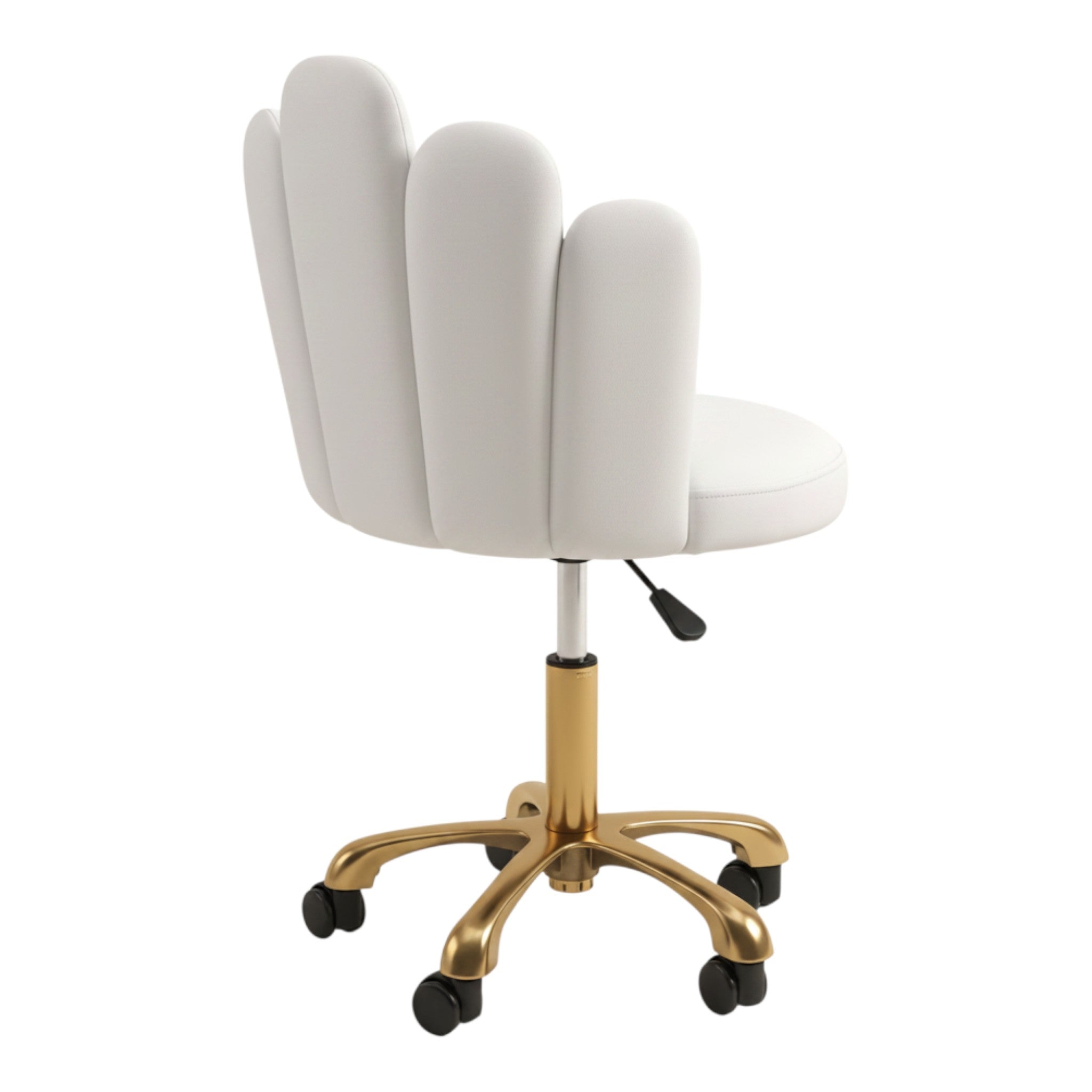 MK BEAUTY BED Lotus Stool in white with a sculptural backrest, gold five-star base, and smooth swivel castors.
